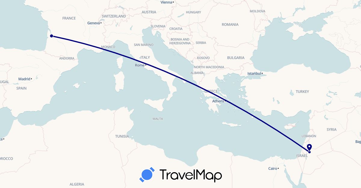 TravelMap itinerary: driving in France, Jordan (Asia, Europe)